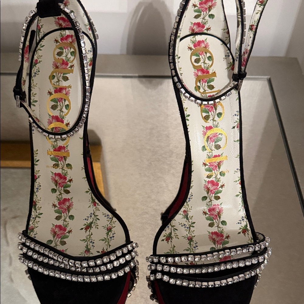 Gucci Black Heels with Rhinestone Accents